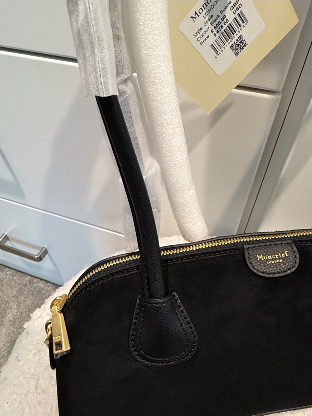 Black Suede Dome Shoulder Bag with Gold Hardware - Picture 4 of 6